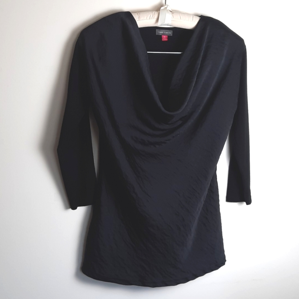Vince Camuto Women's Drape Neck Quarter-Length Sleeve Top, Black, XS